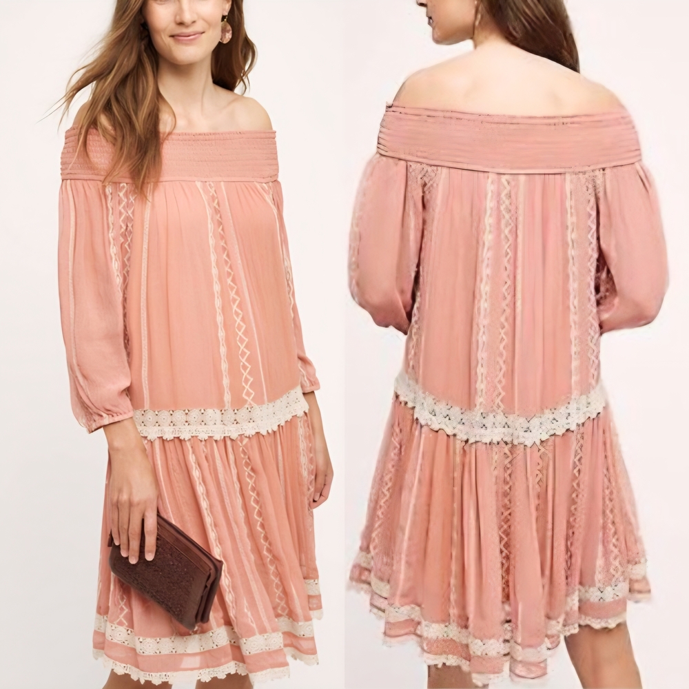 ☆ANTHROPOLOGIE FLOREAT Orchard Off the Shoulder Drop Waist Dress Rose Blush☆